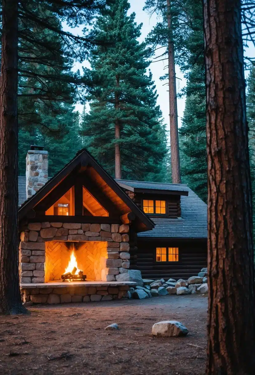 A cozy cabin nestled in the woods, surrounded by tall pine trees. A crackling fire burns in the stone fireplace, casting a warm glow over the rustic interior