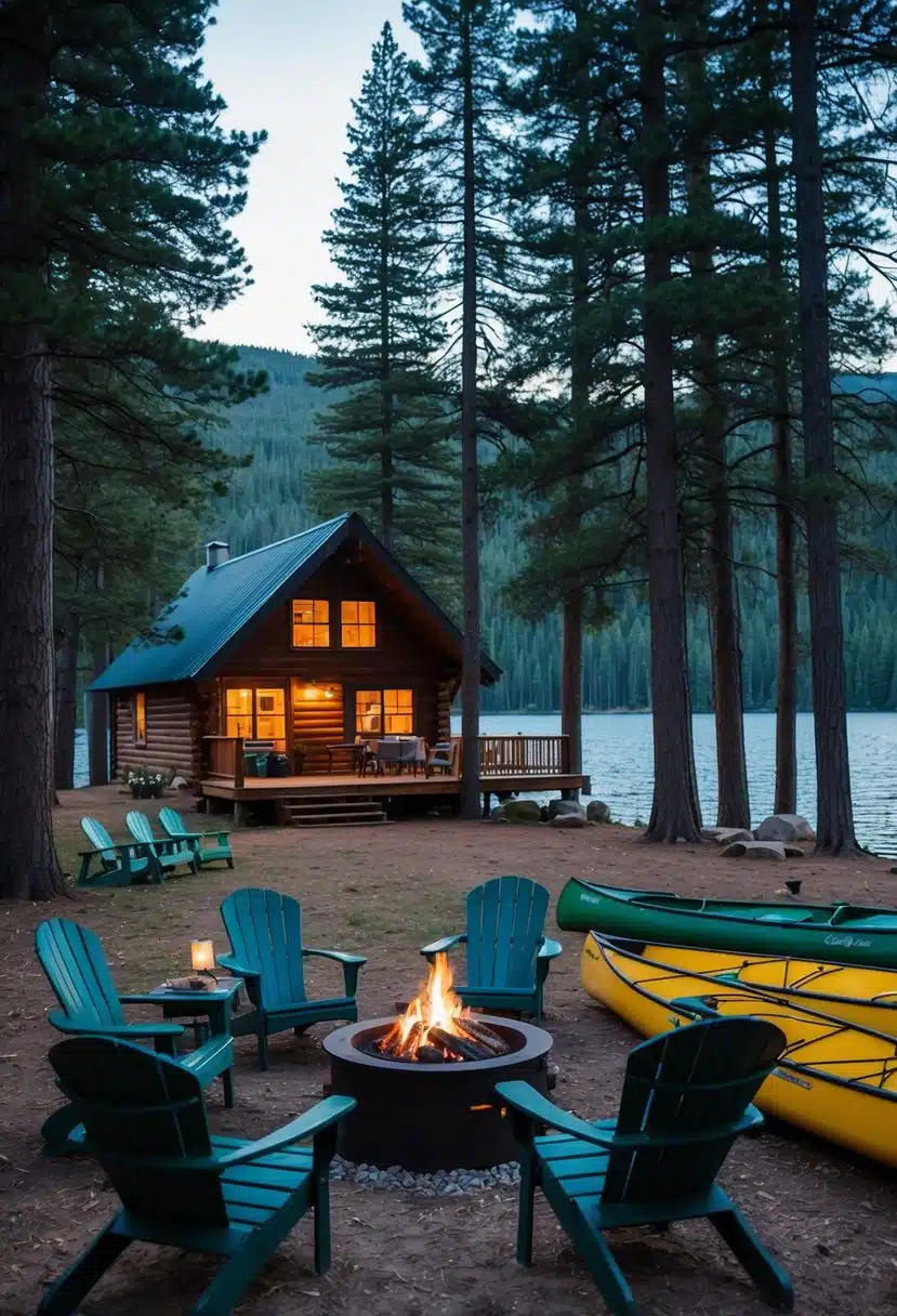 A cozy cabin nestled in the woods, surrounded by tall pine trees. A crackling fire pit with chairs set up for roasting marshmallows. Canoes and kayaks lined up by a serene lake