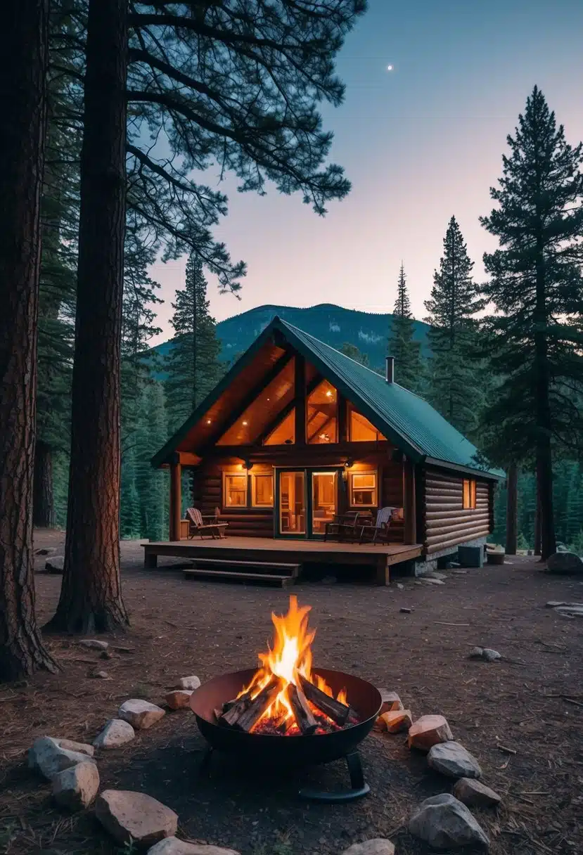 A cozy cabin nestled in a forest clearing with a crackling campfire, surrounded by towering pine trees and a serene mountain backdrop