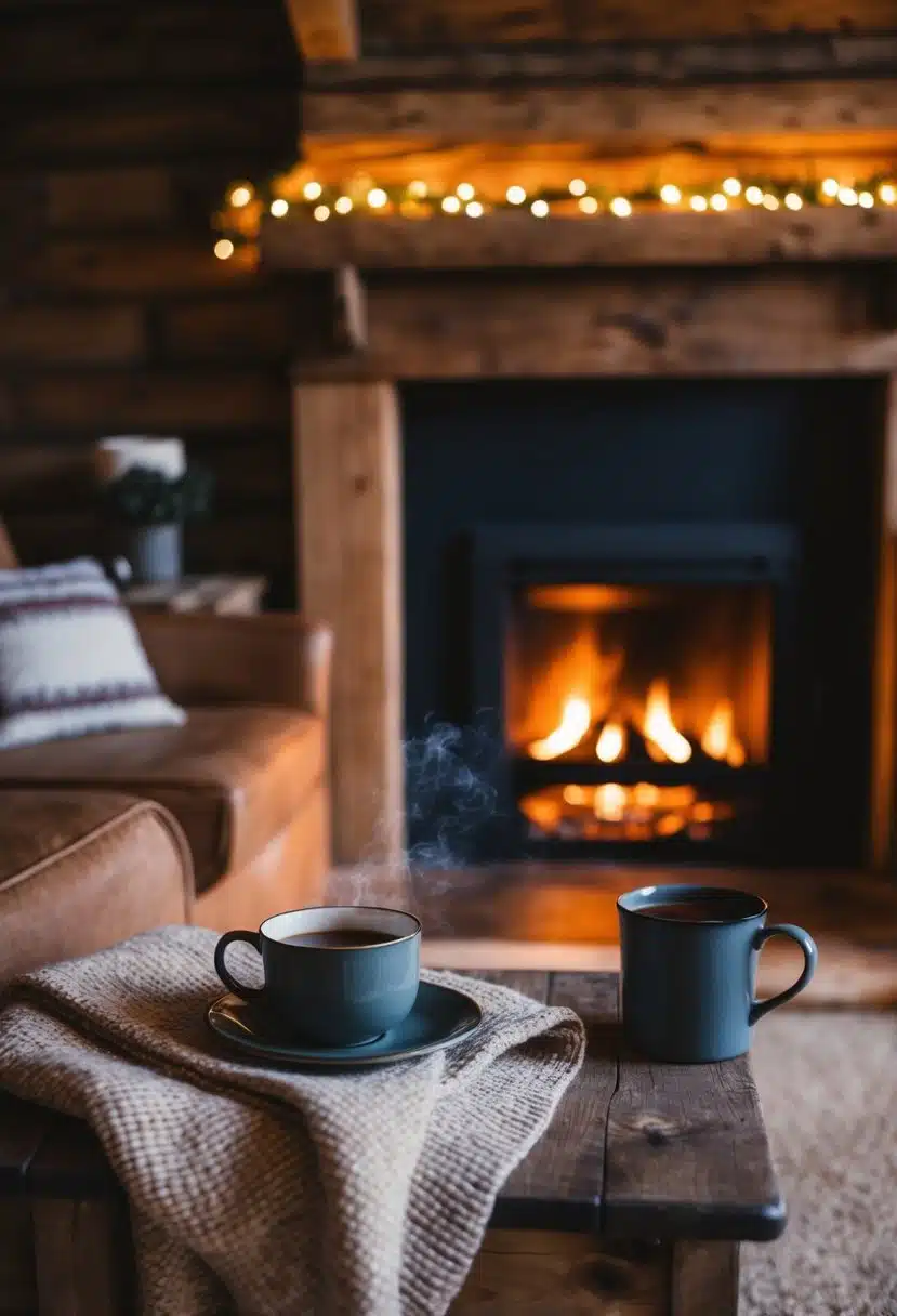 A cozy cabin interior with rustic wooden furniture, warm blankets, and soft lighting. A crackling fireplace and a hot mug of tea complete the inviting scene