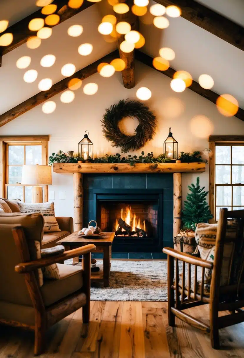 A cozy cabin interior with a crackling fireplace, wooden furniture, warm lighting, and nature-inspired decor