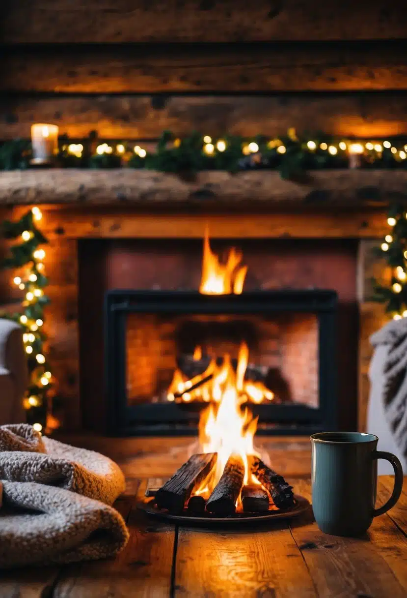 A crackling fireplace illuminates a rustic cabin interior, adorned with plush blankets, warm lighting, and a steaming mug on a wooden table
