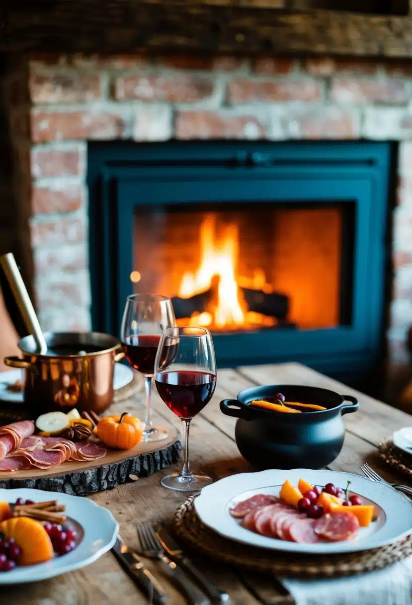 A cozy cabin setting with a crackling fireplace, a rustic wooden table adorned with a spread of charcuterie, wine glasses, and a steaming pot of mulled cider