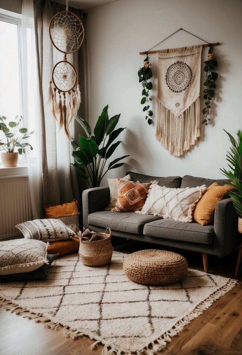 A cozy bohemian living room with floor cushions, tapestries, plants, and dreamcatchers