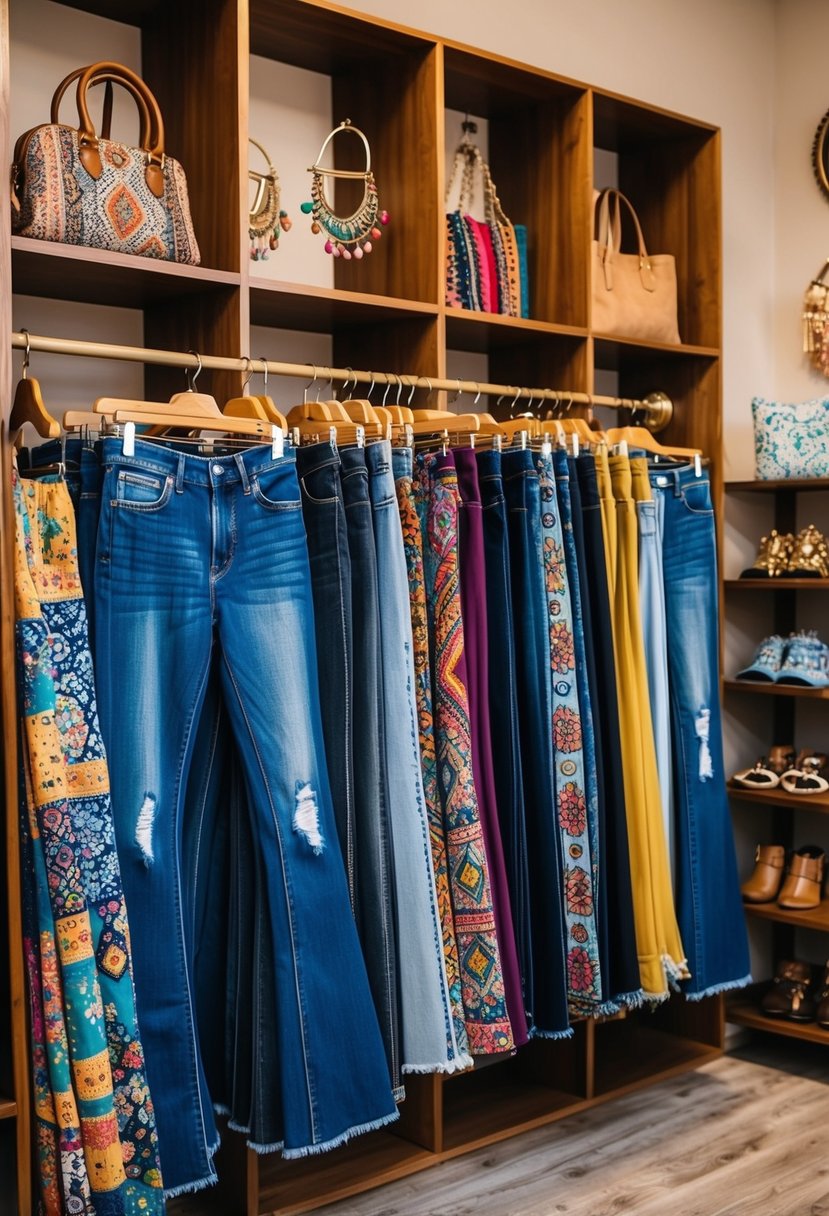 A retro-themed boutique with racks of bell-bottom jeans, colorful patterns, and bohemian accessories displayed on wooden shelves