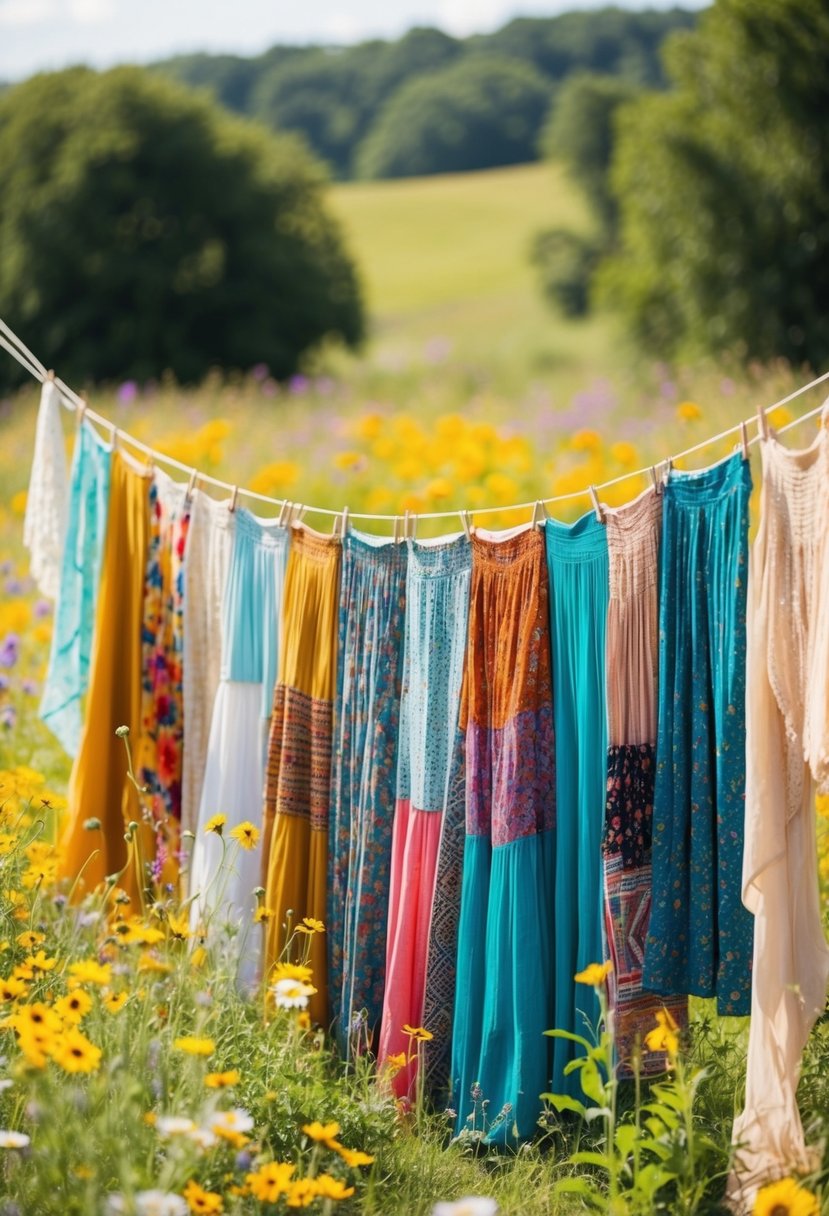 A sunny field with colorful patchwork maxi skirts hanging on a clothesline, surrounded by wildflowers and flowing bohemian fabrics