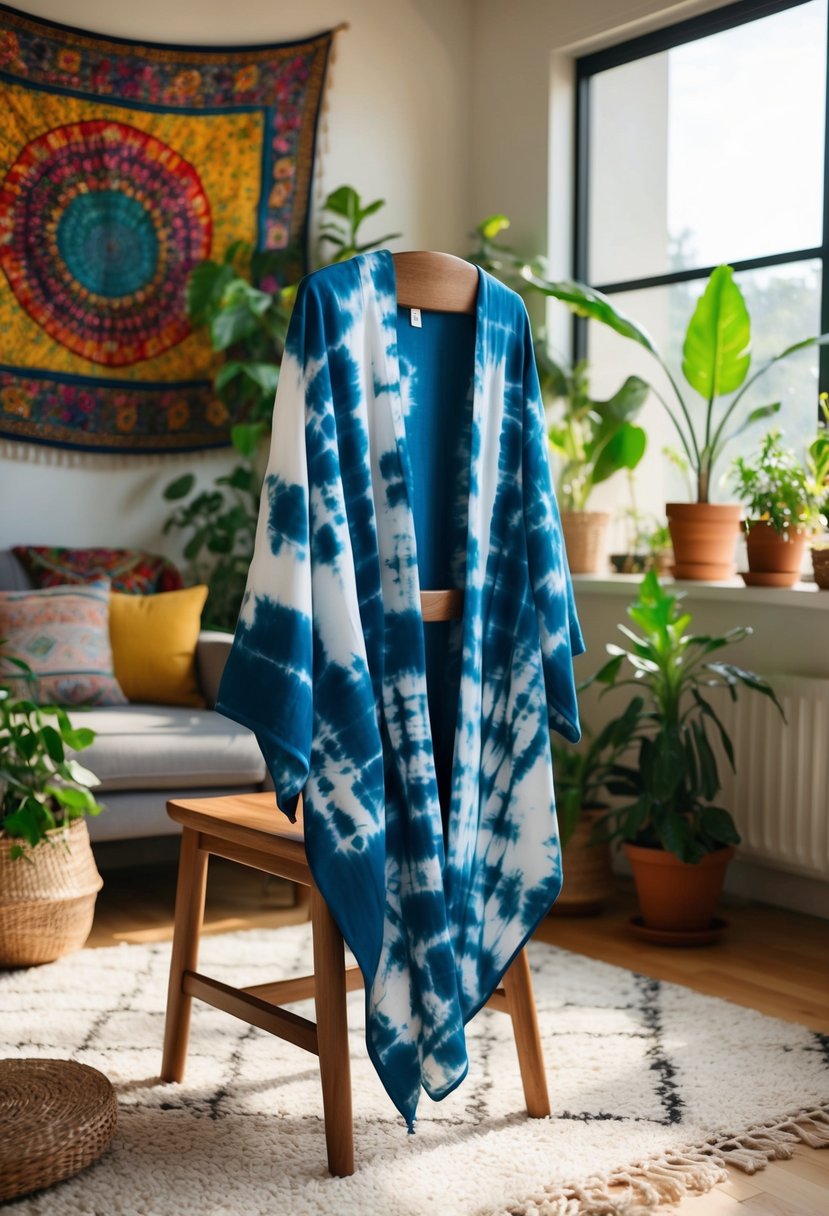 A tie-dye kimono jacket draped over a wooden chair in a sunlit bohemian living room with plants and colorful tapestries