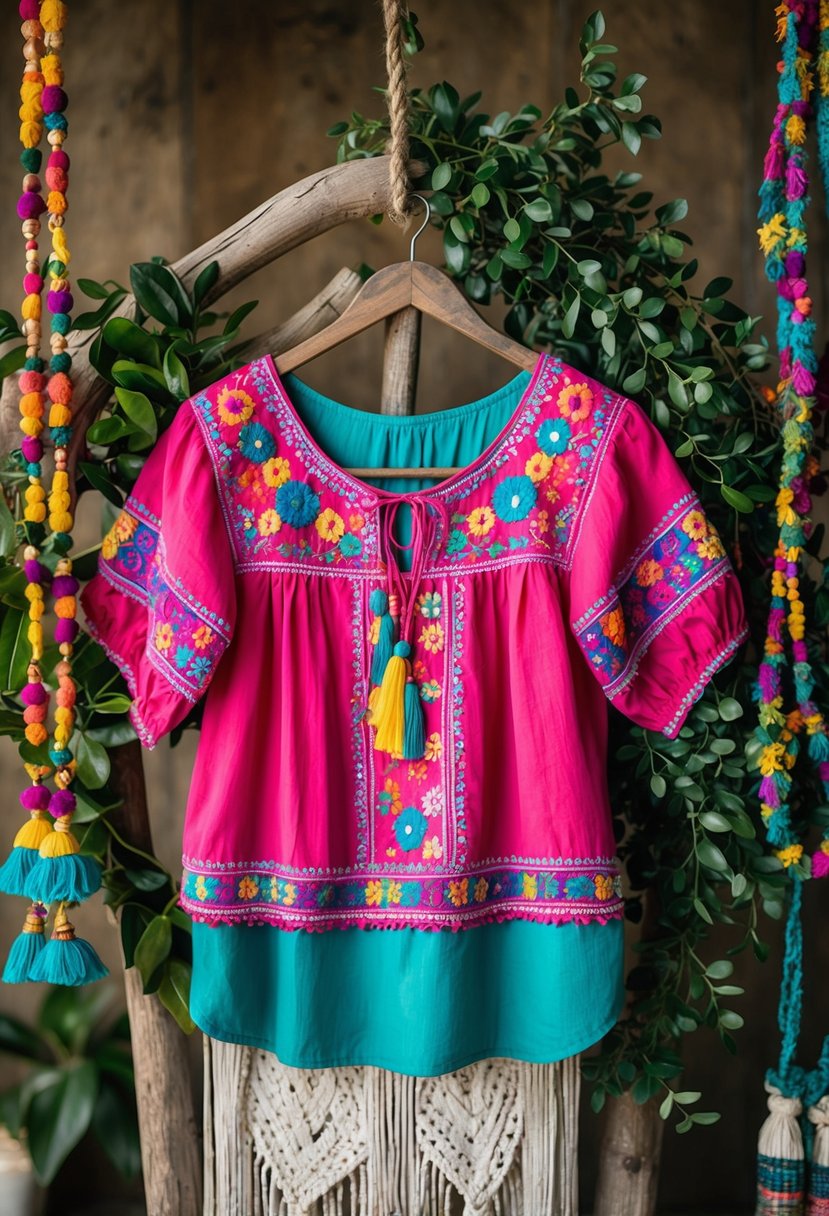 A colorful embroidered peasant blouse hangs on a rustic wooden hanger, surrounded by vibrant bohemian accessories and greenery