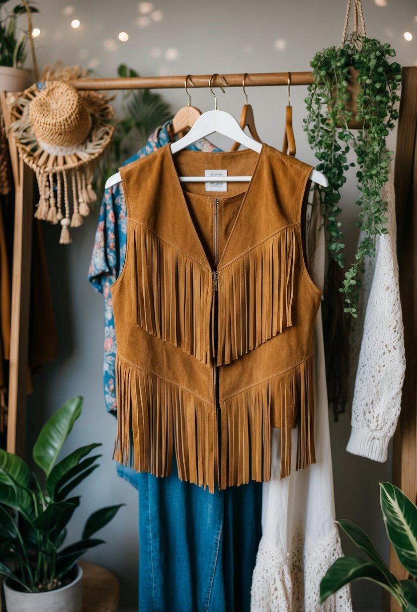 A suede fringe vest hangs on a wooden clothing rack surrounded by vintage boho accessories and plants, creating a laid-back hippie vibe