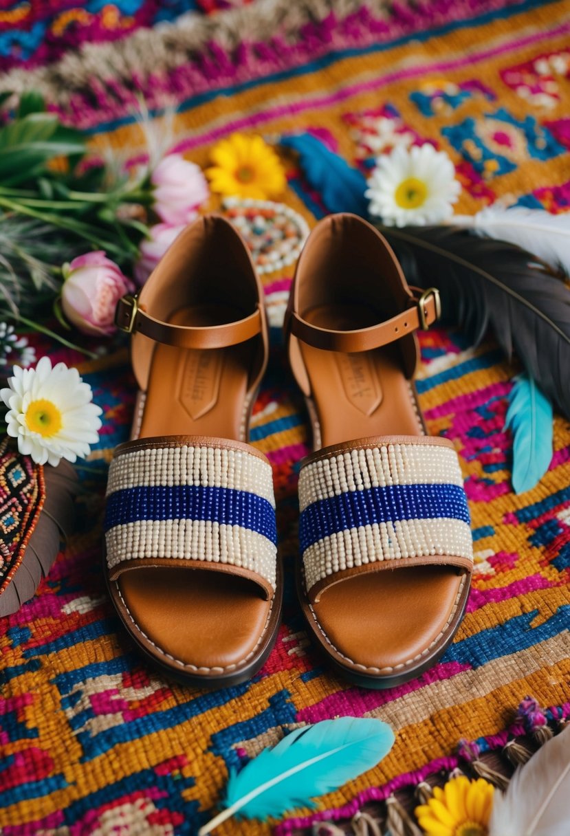 A pair of beaded leather sandals sits on a colorful woven rug surrounded by flowers, feathers, and other bohemian trinkets