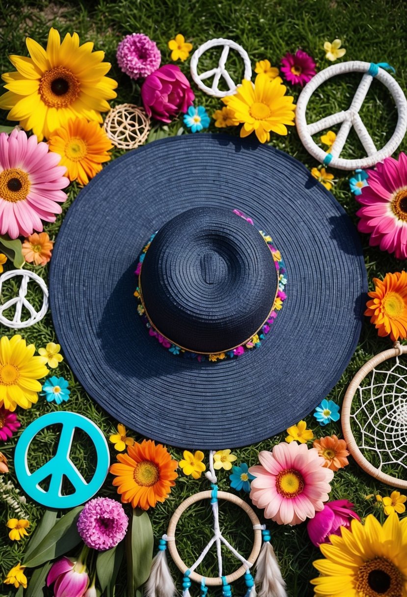 A wide-brimmed floppy hat surrounded by colorful flowers, peace signs, dreamcatchers, and other boho accessories