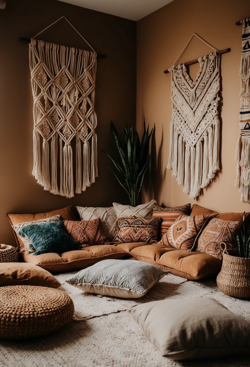 A cozy bohemian living room with floor cushions, macrame wall hangings, and a mix of patterns and textures in earthy tones