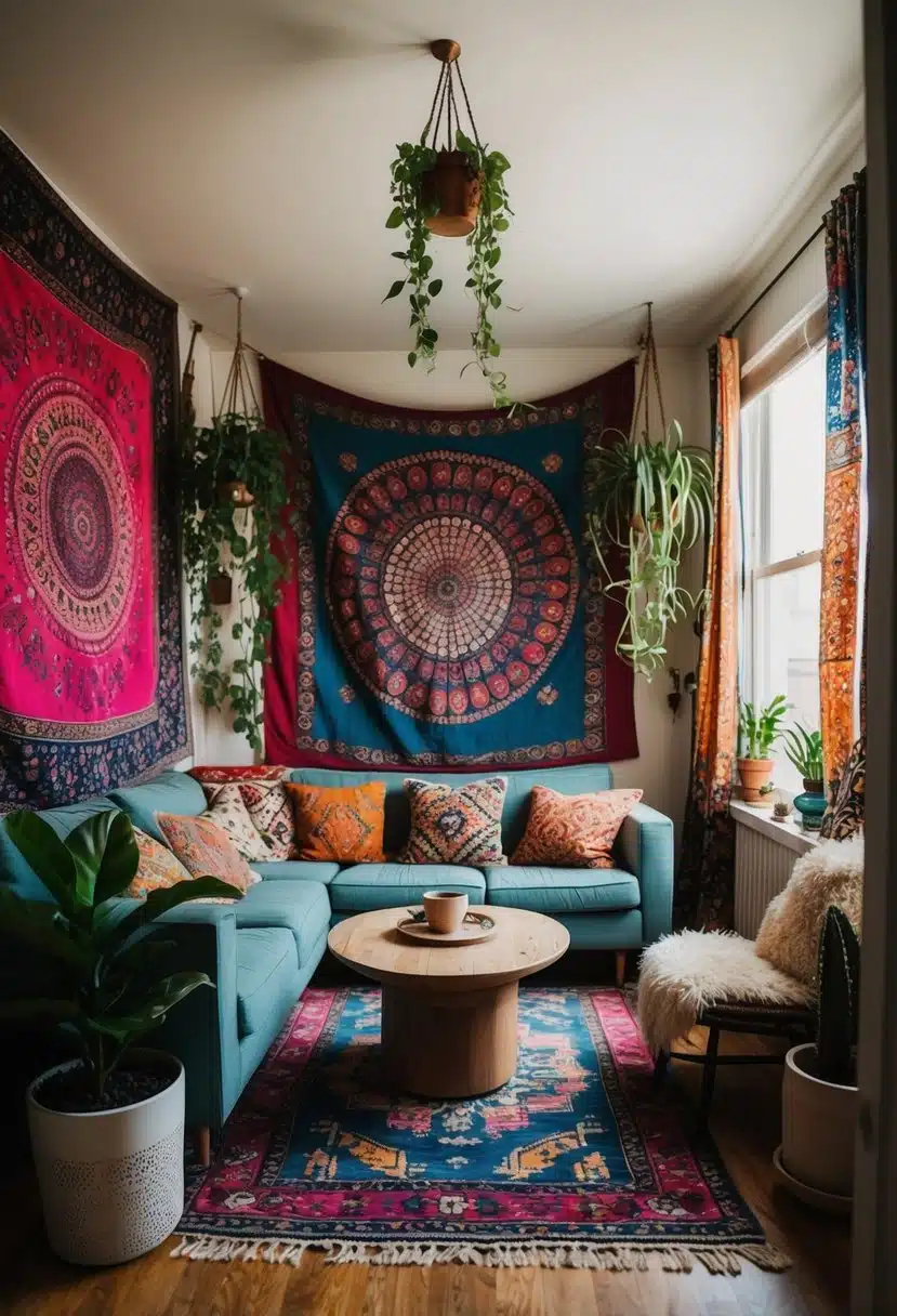 A cozy, eclectic room with colorful tapestries, hanging plants, vintage rugs, and mismatched furniture creates a bohemian hippie vibe