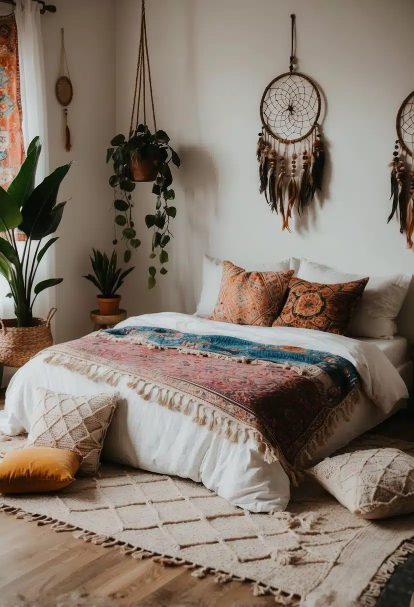 A cozy, bohemian bedroom with colorful tapestries, floor cushions, hanging plants, and dream catchers