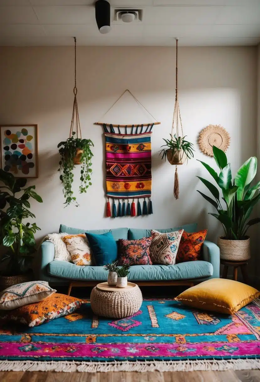 A cozy bohemian living room with colorful rugs, floor cushions, hanging plants, and eclectic wall art