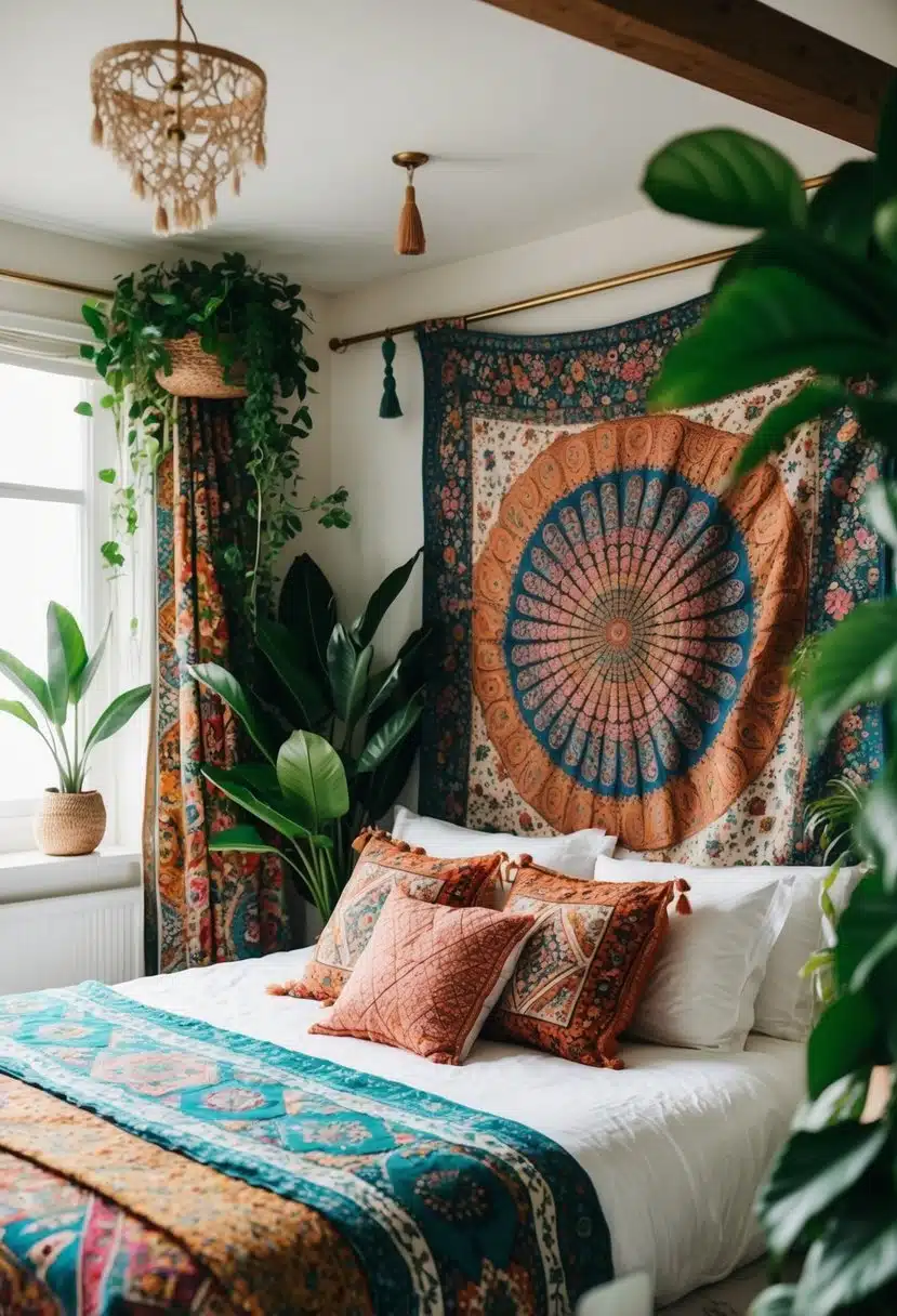 A cozy bohemian bedroom with vibrant tapestries, eclectic patterns, and lush greenery creating a relaxed and free-spirited atmosphere