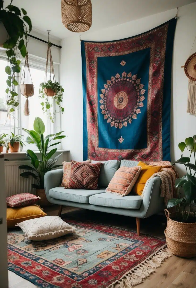 A cozy bohemian living room with colorful tapestries, floor cushions, hanging plants, and vintage rugs