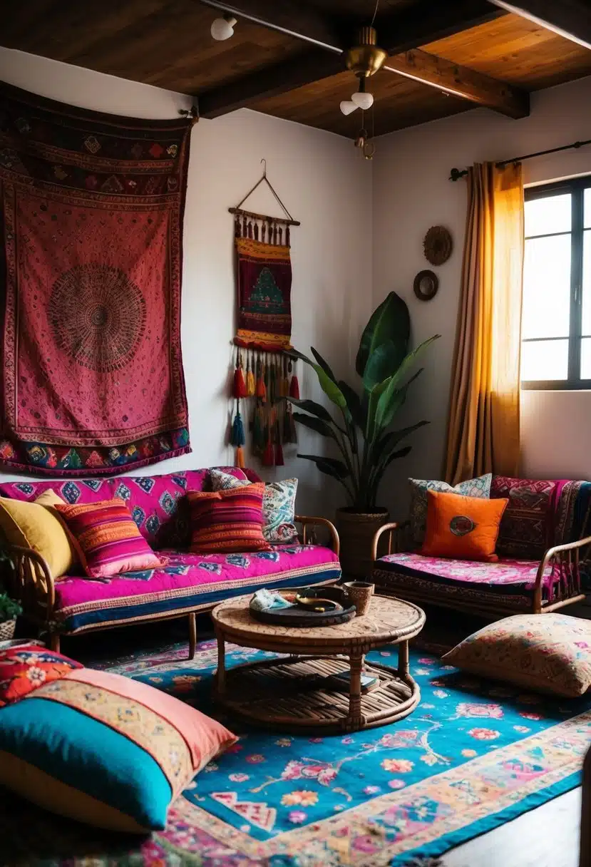 A cozy bohemian living room with Indian-inspired decor, featuring colorful textiles, low seating, and eclectic accessories