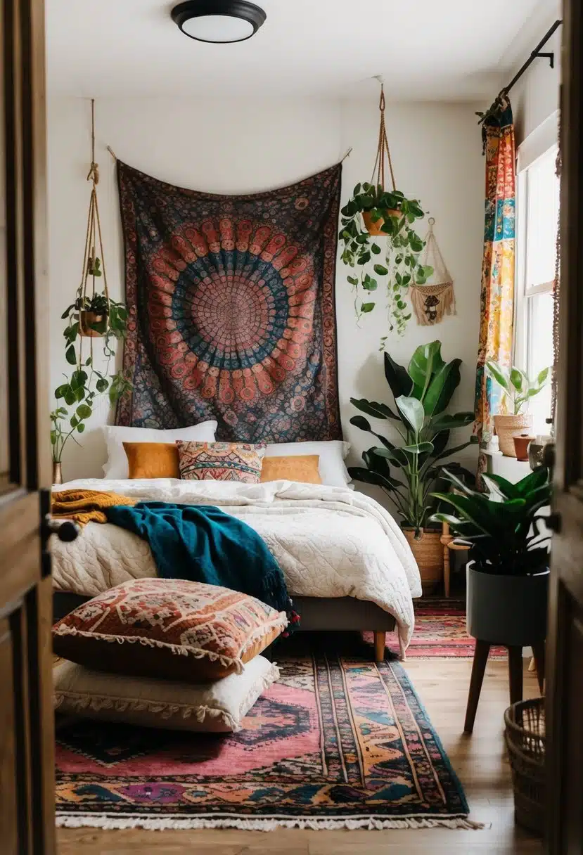 A cozy bohemian bedroom with colorful tapestries, hanging plants, vintage rugs, and eclectic furniture creating a relaxed and free-spirited atmosphere