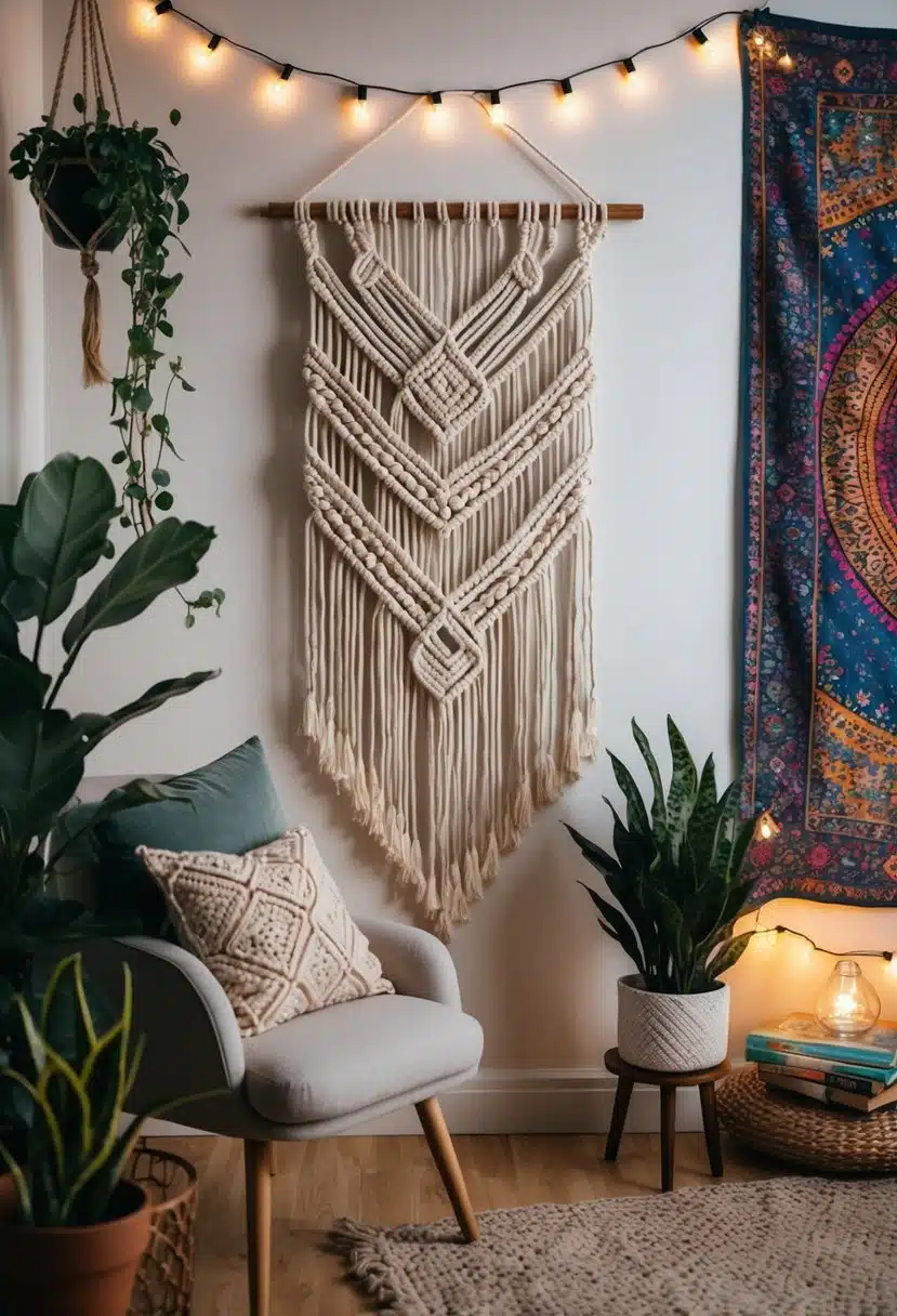 A cozy bohemian room with a macramé wall hanging, draped with fairy lights, plants, and colorful tapestries