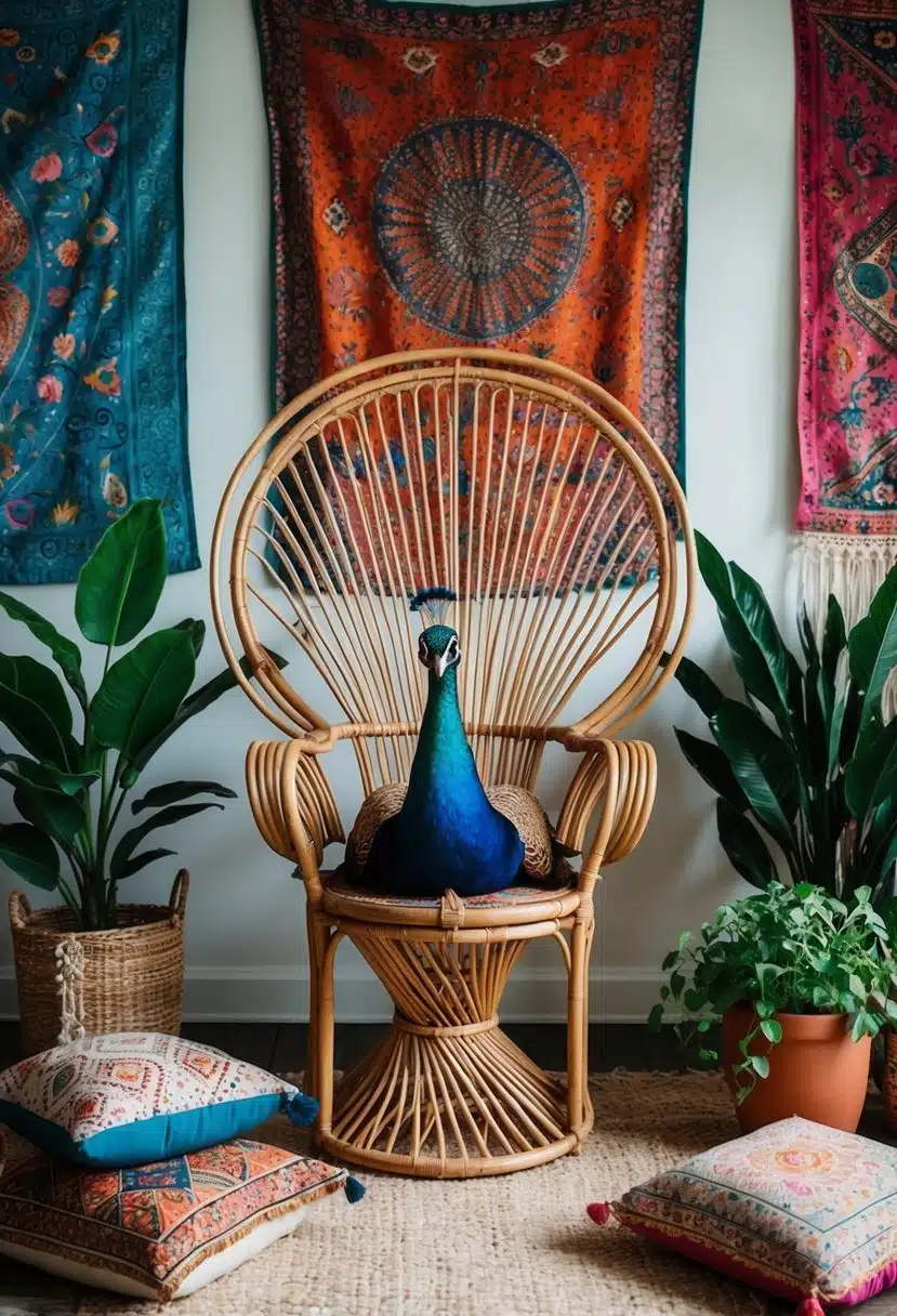 A rattan peacock chair sits in a bohemian room with colorful tapestries, plants, and floor cushions
