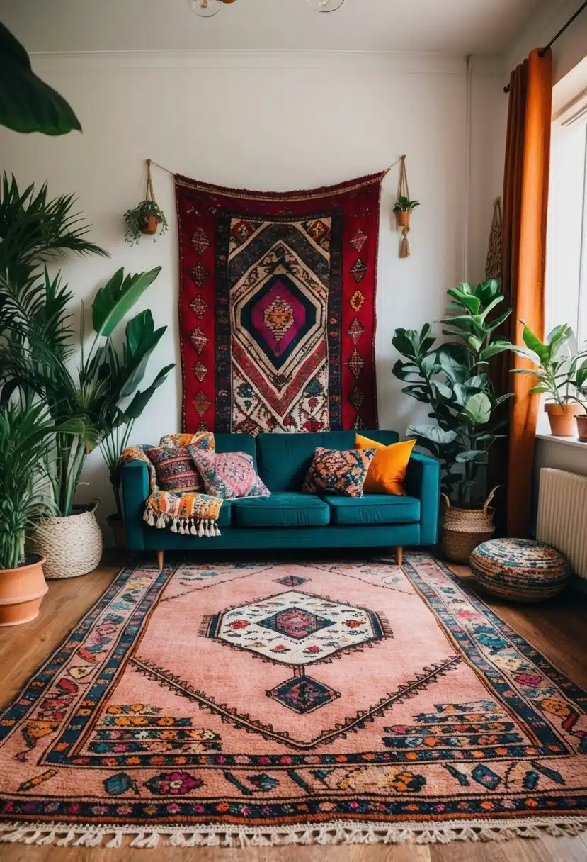 A vintage Moroccan rug anchors a bohemian room with eclectic decor, including plants, tapestries, and colorful throw pillows