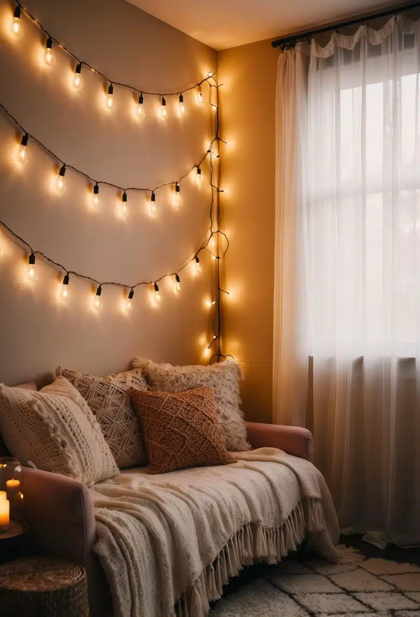 A cozy bohemian room with string lights draped around the walls and ceiling, featuring small fairy bulbs emitting a warm and whimsical glow