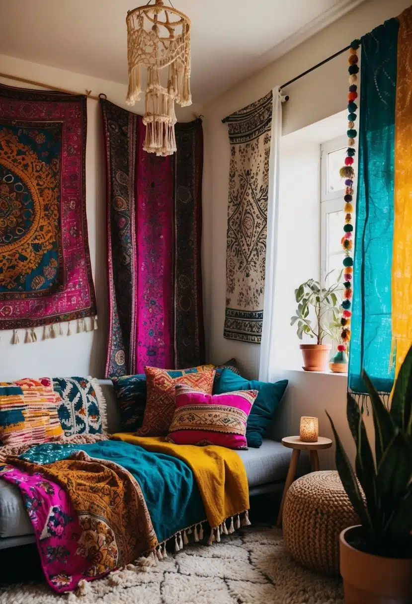 A cozy bohemian room with vibrant textiles, hanging tapestries, and eclectic color palettes. A mix of patterns and textures create a relaxed and free-spirited atmosphere