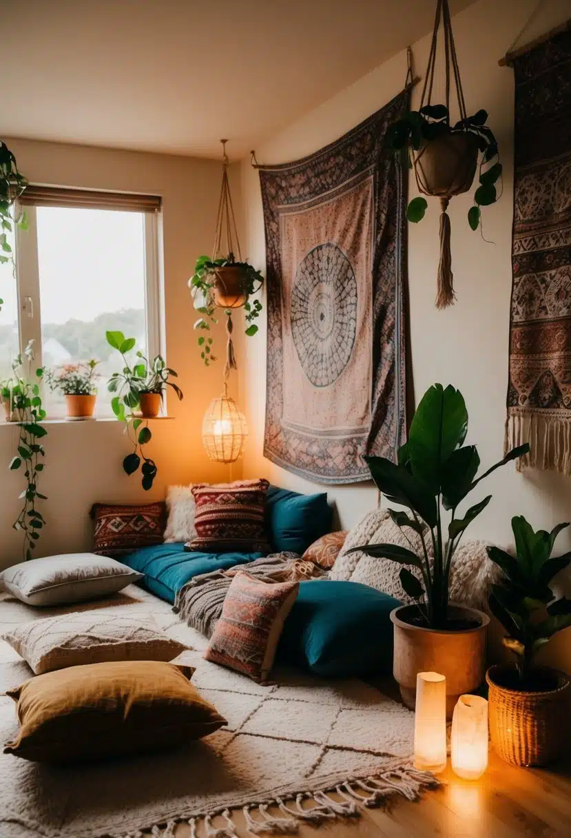 A cozy bohemian room with floor cushions, tapestries, hanging plants, and warm lighting creates a serene atmosphere