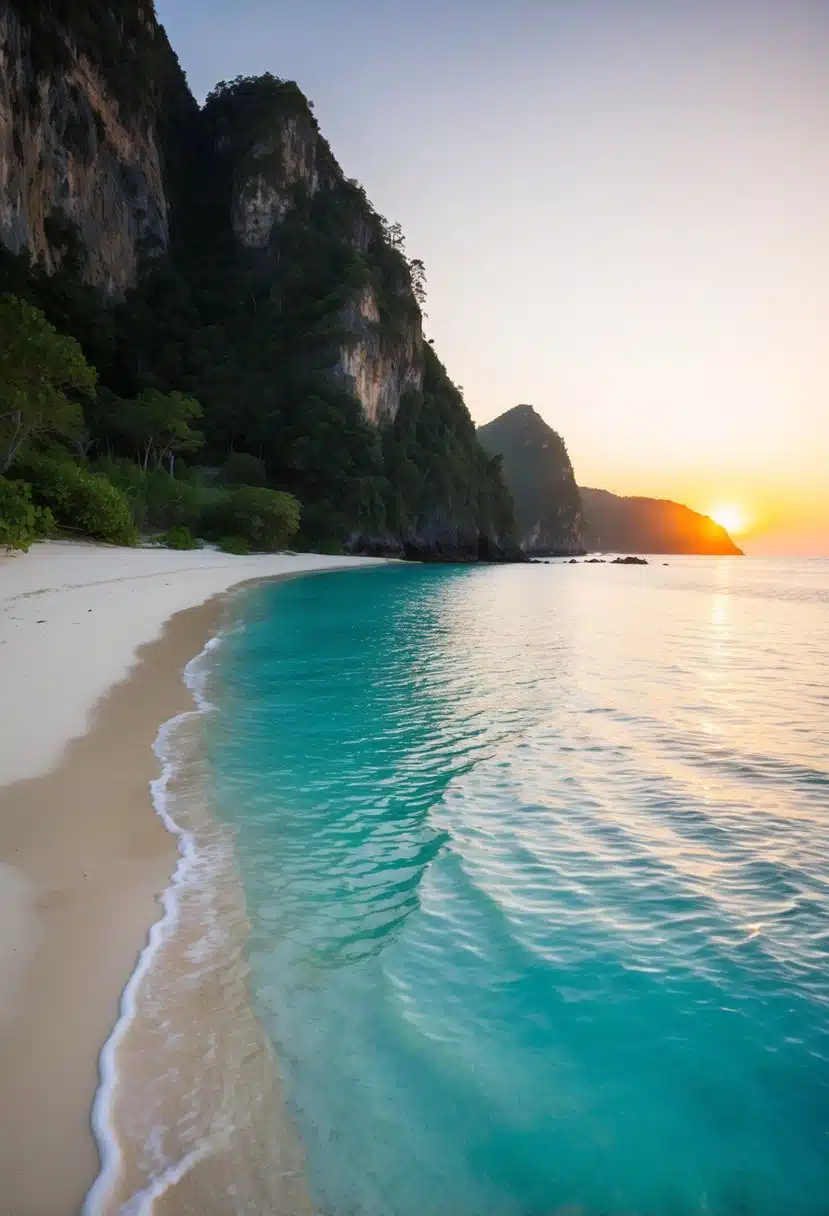 Crystal clear water meets white sandy beaches, surrounded by lush greenery and towering cliffs. The sun sets over the horizon, casting a warm glow on the tranquil scene