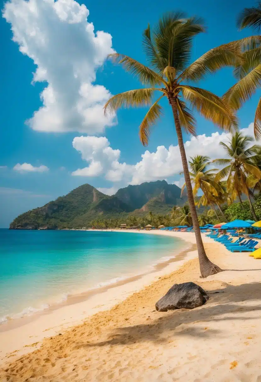 A vibrant Kuta Beach scene with clear blue waters, golden sand, palm trees, and colorful beach umbrellas dotting the shore