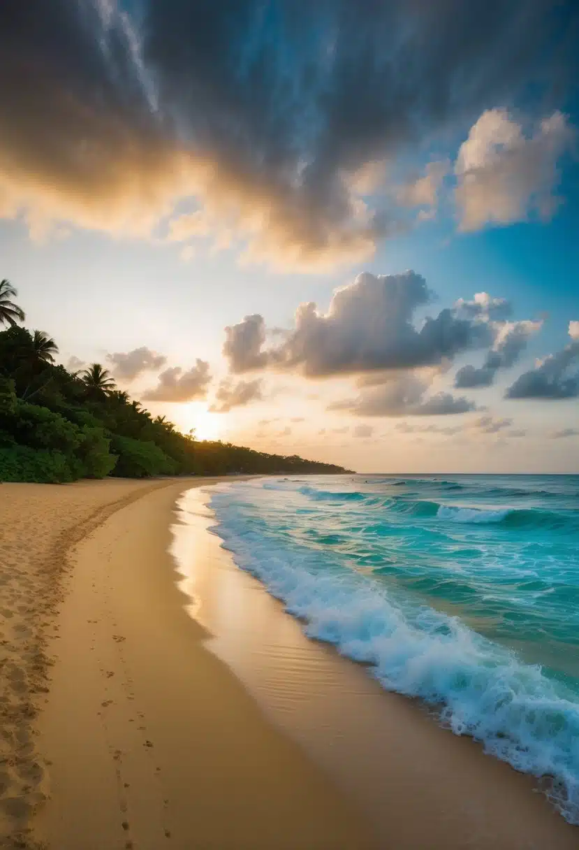 Golden sand stretches along the shore, framed by turquoise waters and lush greenery. The sound of crashing waves fills the air, as the sun sets over Seminyak Beach