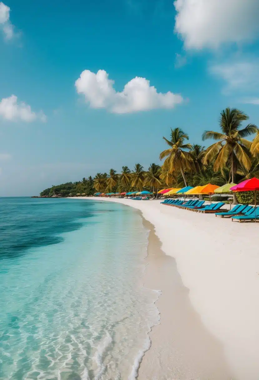 Crystal clear water, white sand, palm trees, and colorful umbrellas at Nusa Dua Beach, one of Bali's top 5 beaches