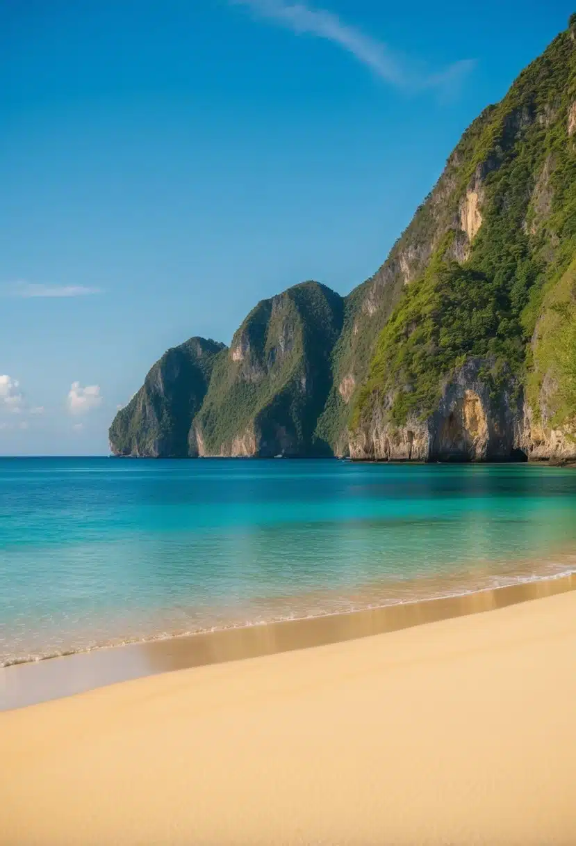 A pristine beach with golden sand, turquoise waters, and lush green cliffs, nestled under a clear blue sky