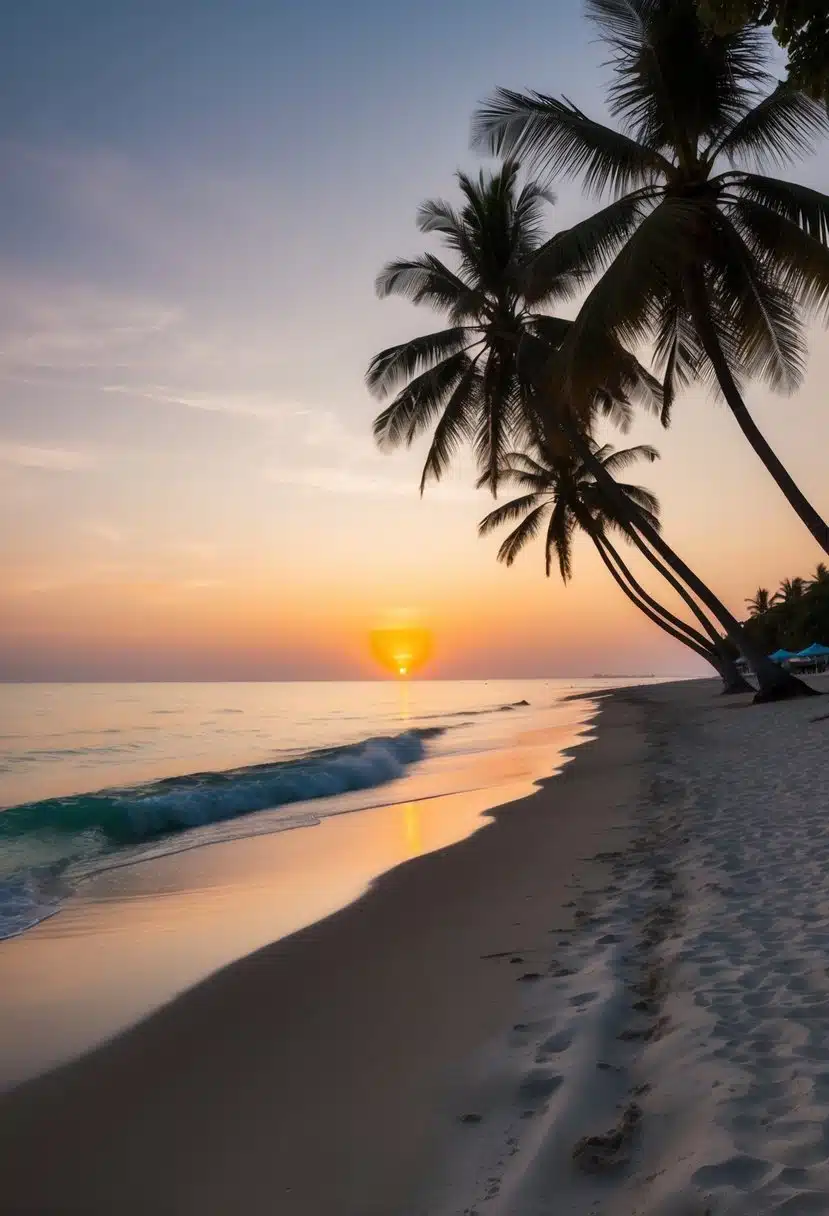 A serene, sandy shore with gentle waves, palm trees, and a colorful sunset over the horizon at Jimbaran Beach, one of Bali's top five beaches