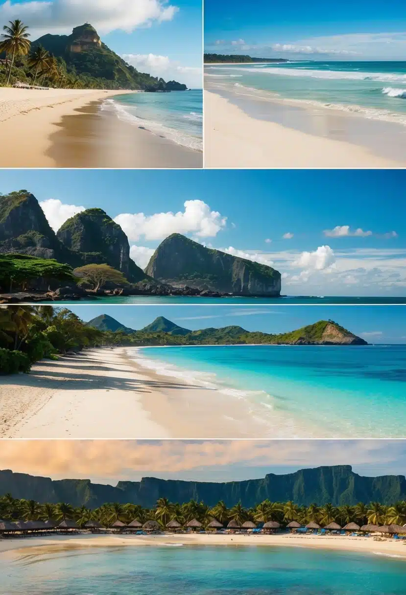 Bali's beaches: Kuta's long stretch of golden sand, Uluwatu's rugged cliffs, Nusa Dua's calm waters, Seminyak's trendy vibe, and Jimbaran's peaceful bay