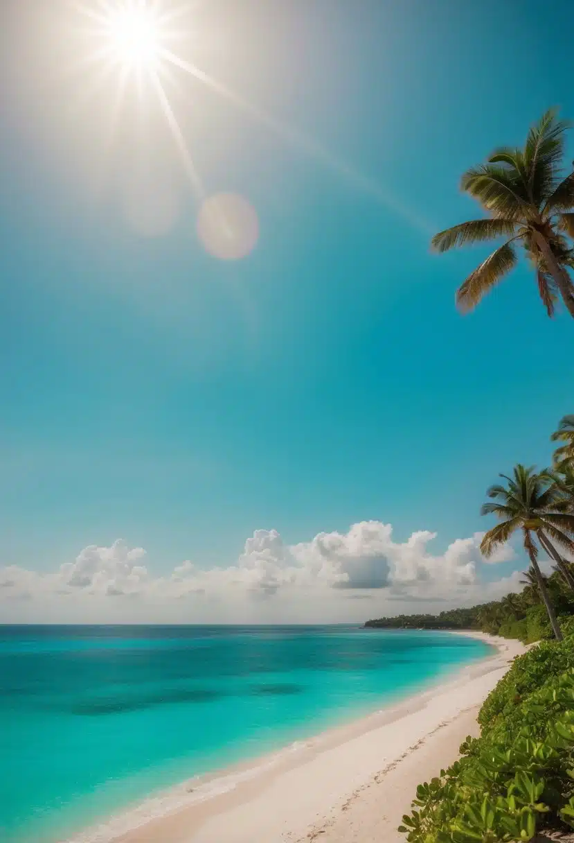 Sunny skies over turquoise waters and white sand beaches, surrounded by lush greenery
