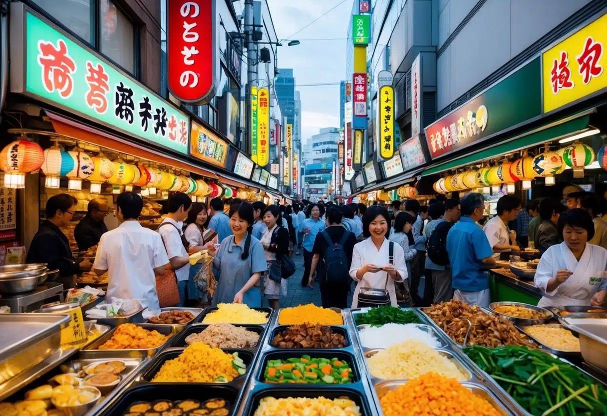 A bustling street in Osaka, filled with colorful food stalls and lively crowds, offering a variety of delicious local dishes and snacks