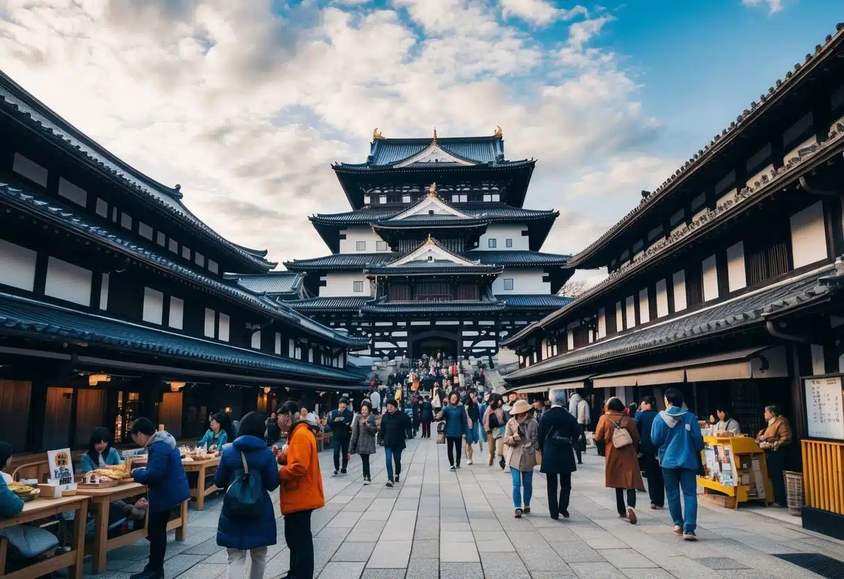 The bustling grounds of Osaka Castle, with visitors enjoying local street food and exploring the historic architecture