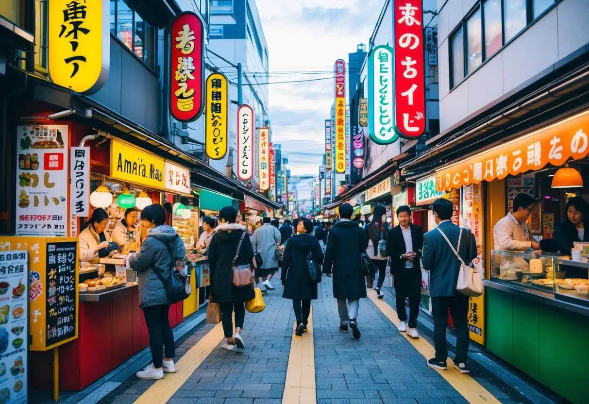 Colorful street with vibrant signs, food stalls, and trendy shops in Amerika-mura, Osaka. People enjoying street food and browsing stores