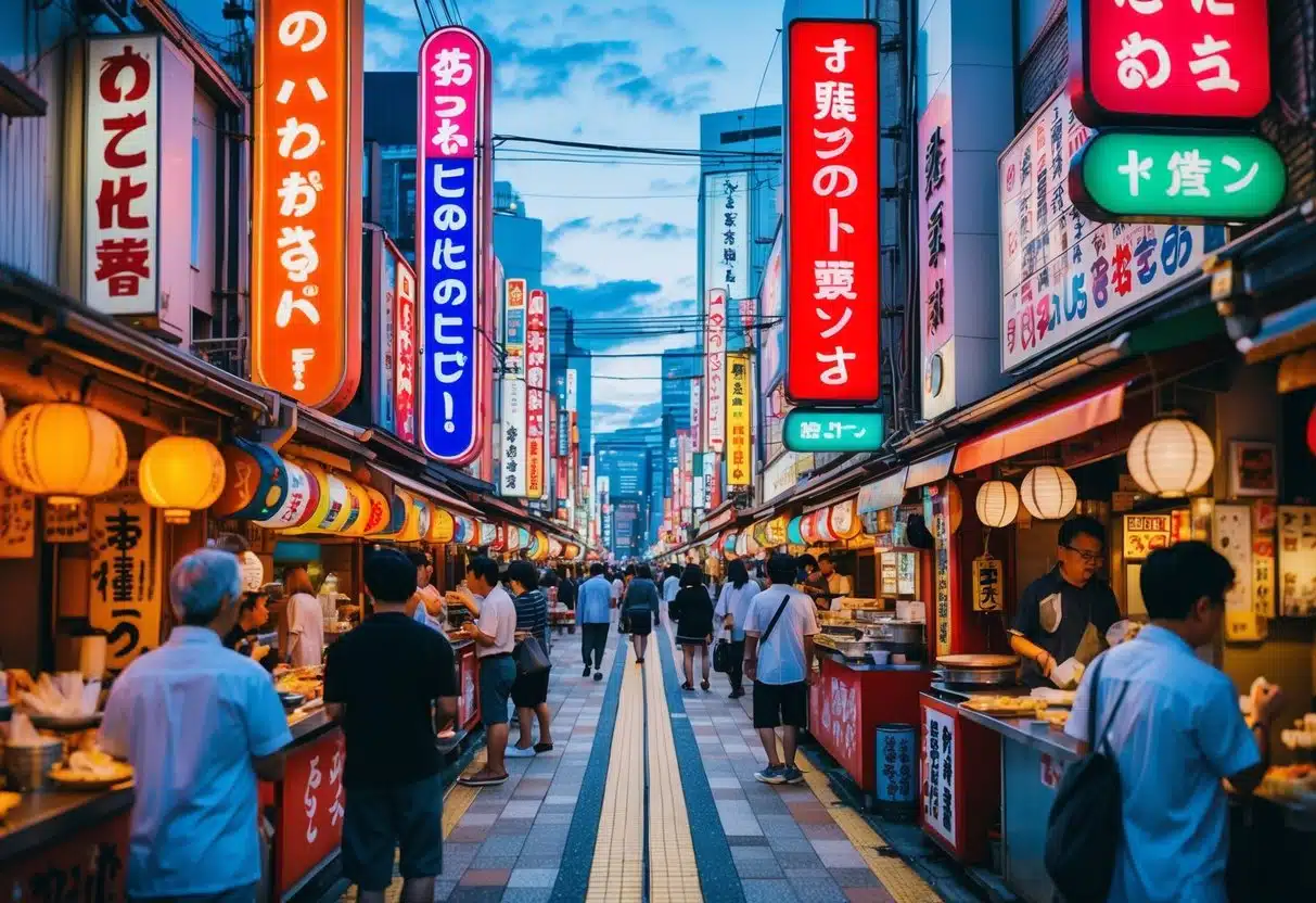 Colorful street with neon signs, bustling restaurants, and food stalls in Dotonbori, Osaka