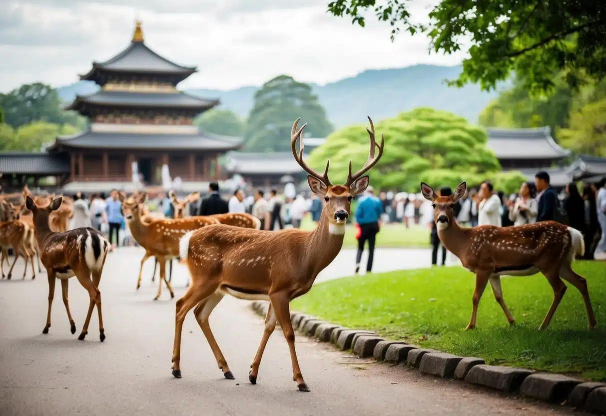 Deer roam freely among visitors in Nara Park, with ancient temples and lush greenery in the background