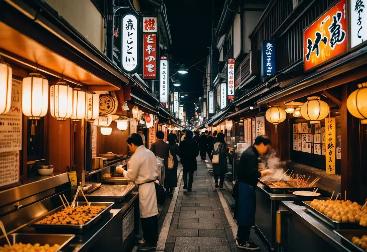 A bustling alley lined with traditional izakayas and lantern-lit stalls, filled with the aroma of sizzling yakitori and steaming takoyaki