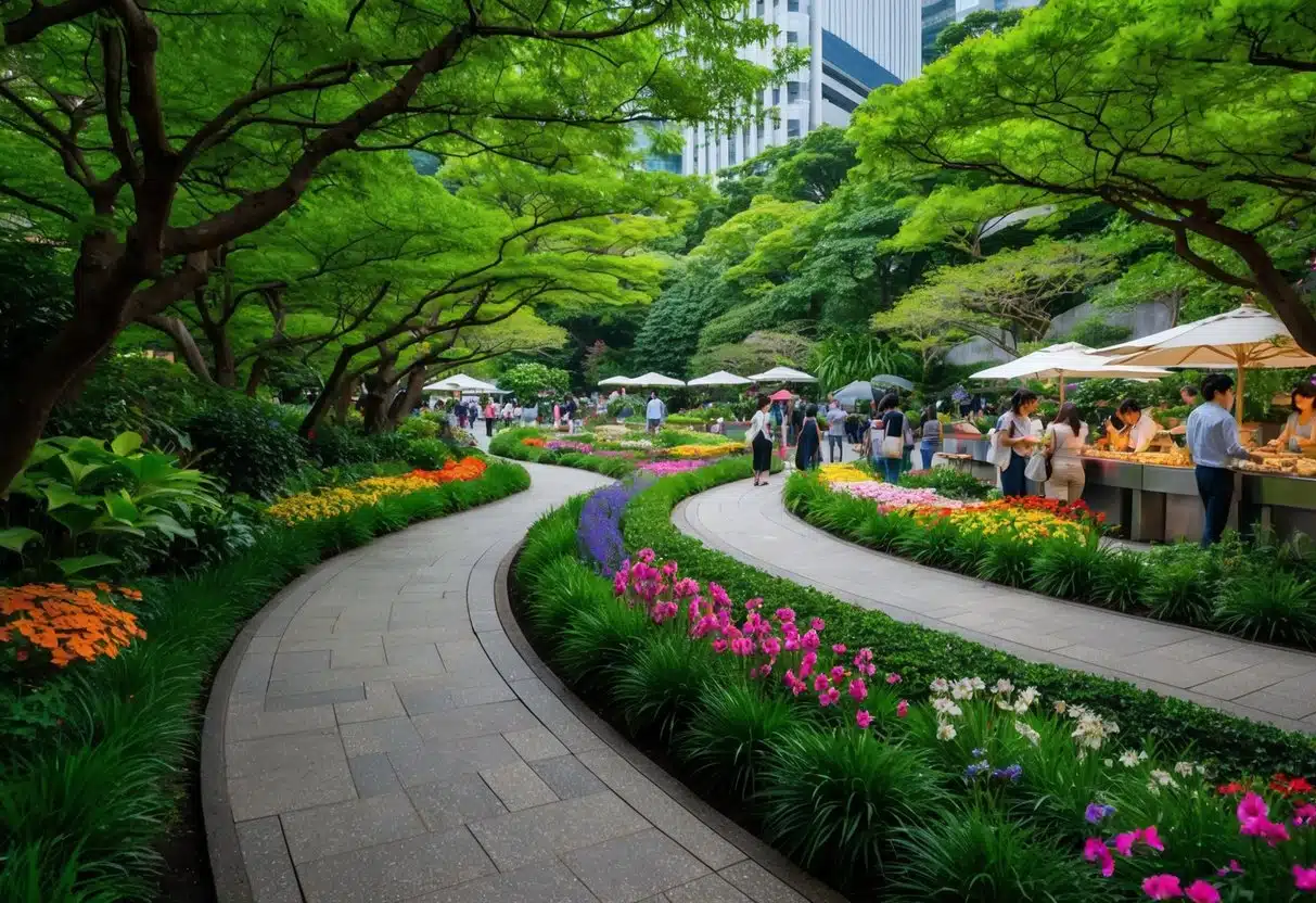 Lush greenery and colorful flowers fill the winding pathways of Teamlabs Botanical Gardens Osaka, while visitors enjoy delicious local cuisine at nearby food stalls