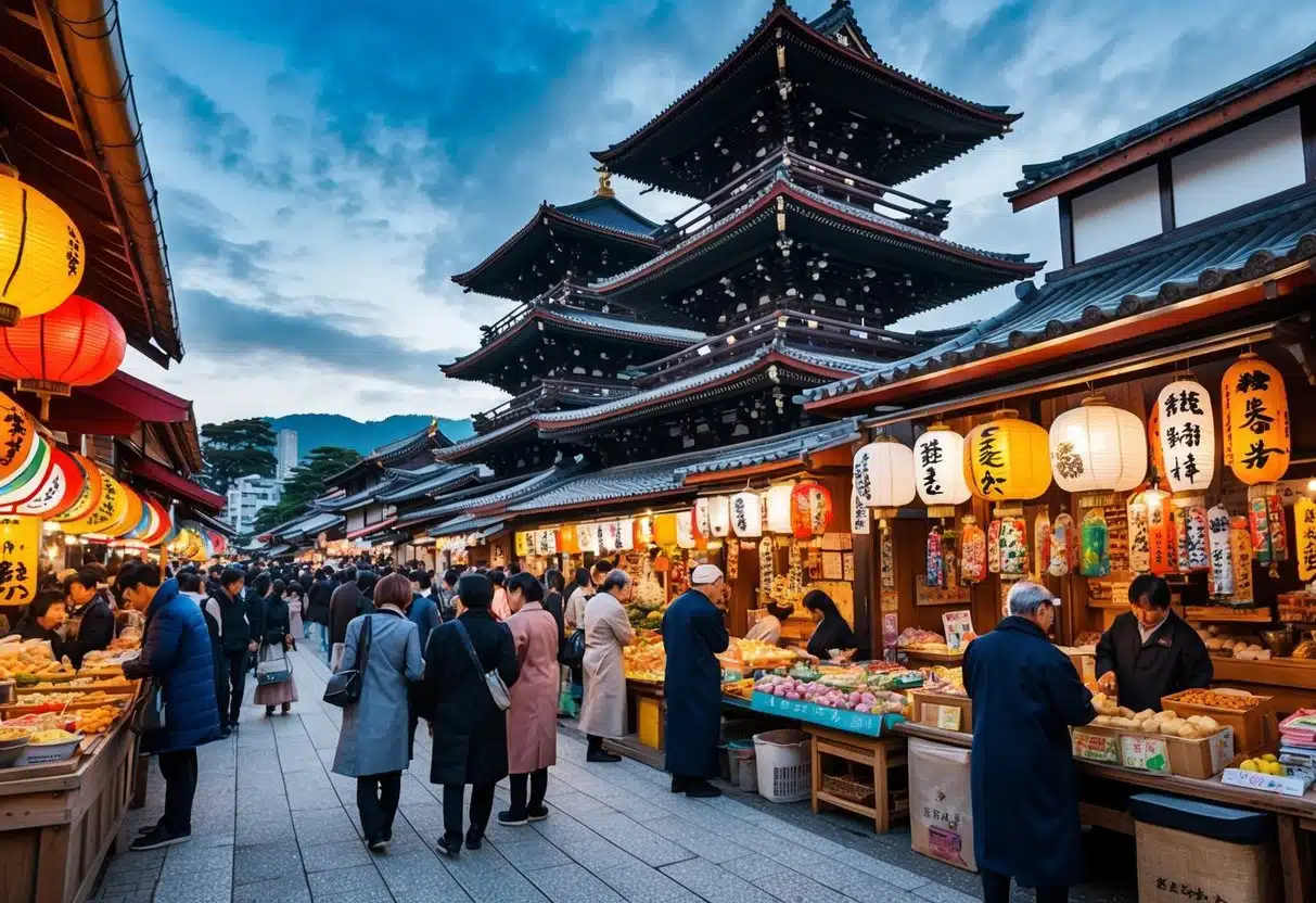 The bustling market outside Shitennoji Temple, with colorful stalls selling street food and traditional crafts