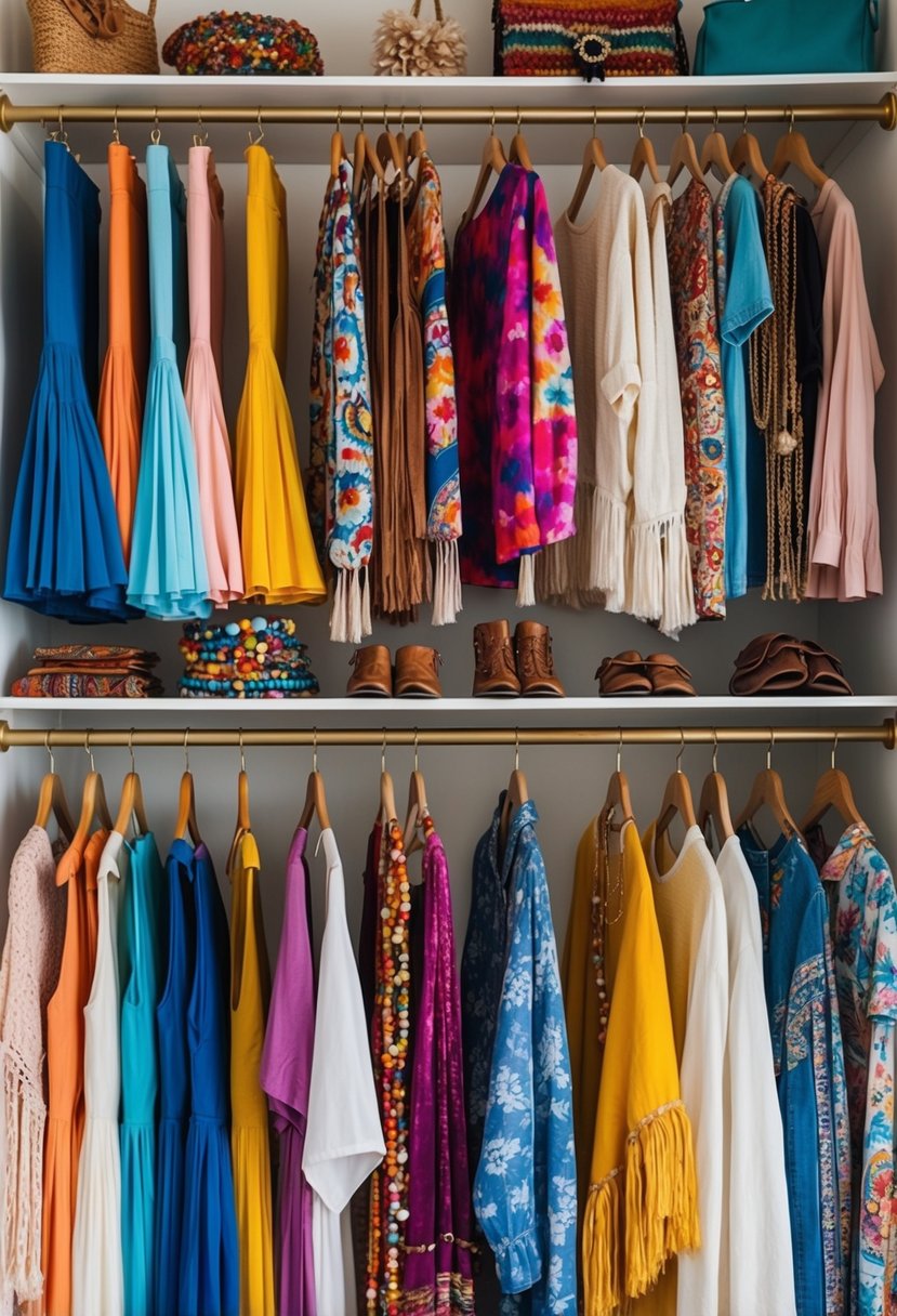 A colorful bohemian closet with flowing skirts, bell-bottom pants, tie-dye shirts, fringe jackets, and beaded accessories