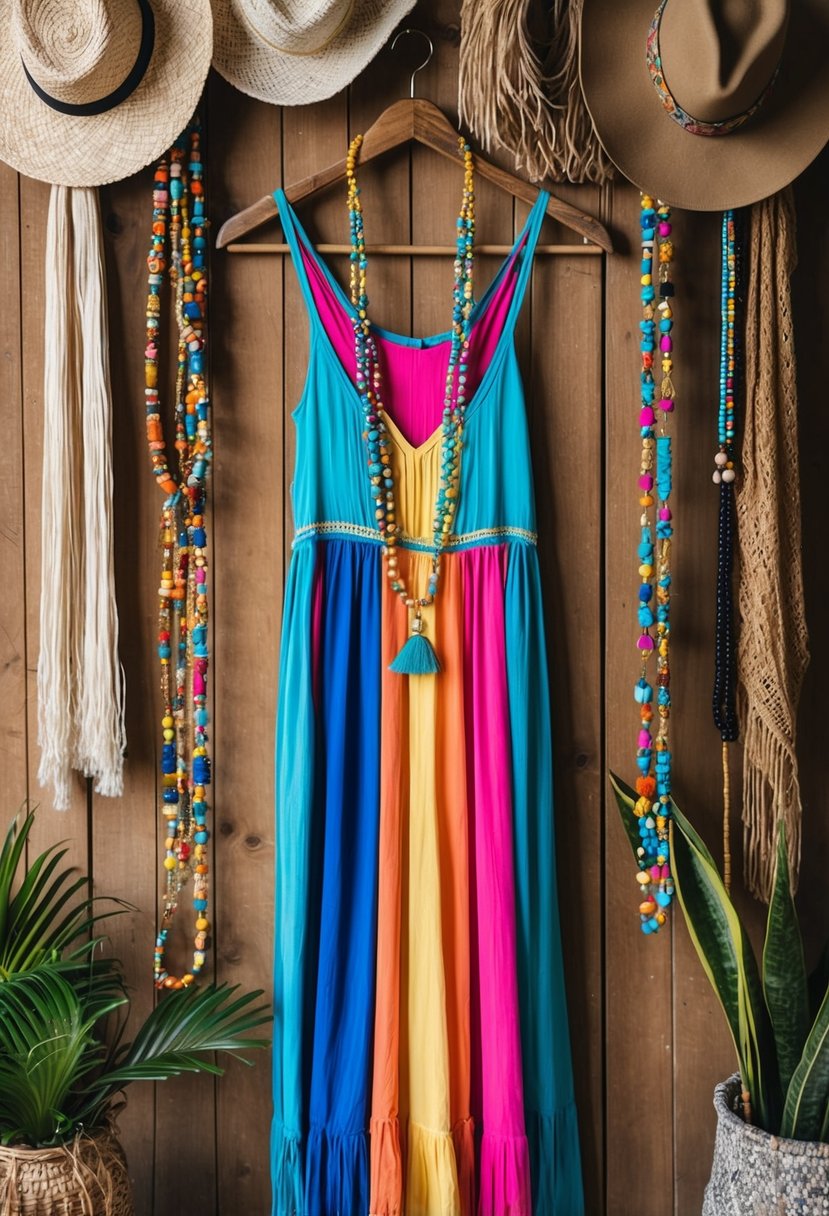 A colorful bohemian maxi dress hangs on a rustic wooden hanger, surrounded by an array of beaded necklaces, fringed scarves, and woven hats