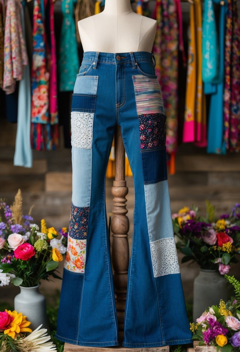 A patchwork flared jeans outfit displayed on a rustic wooden mannequin surrounded by colorful bohemian accessories and flowers