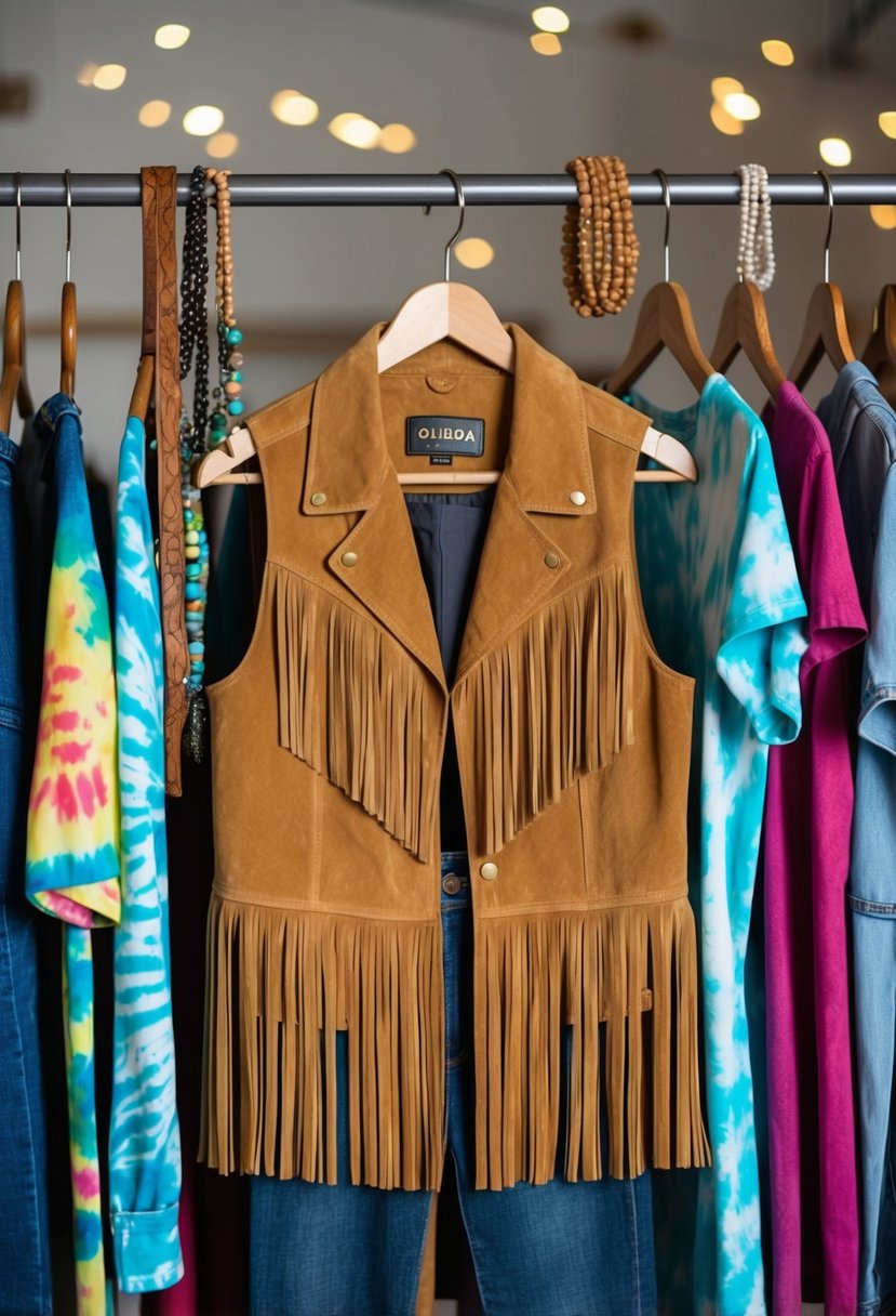 A fringed suede vest hangs on a wooden coat rack, surrounded by tie-dye shirts, bell-bottom jeans, and beaded accessories