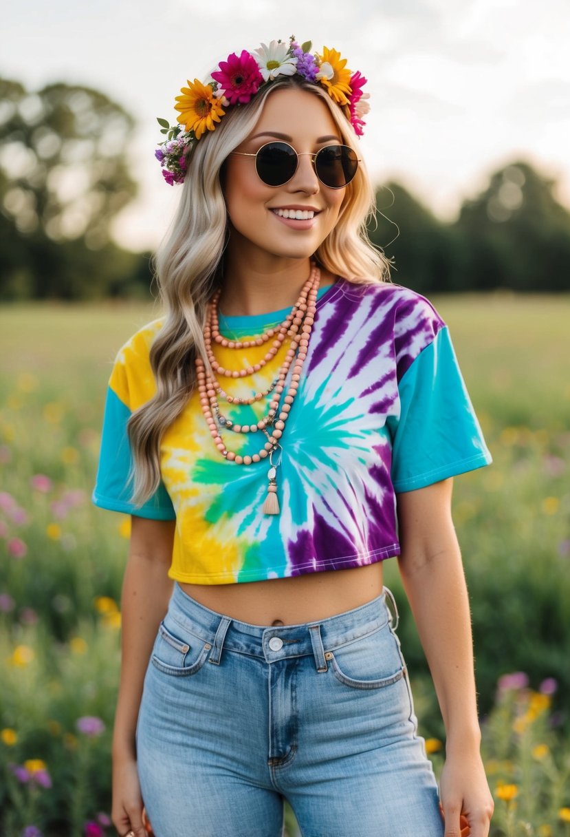 A vibrant tie-dye crop top paired with bell-bottom jeans, layered beaded necklaces, round sunglasses, and a flower crown